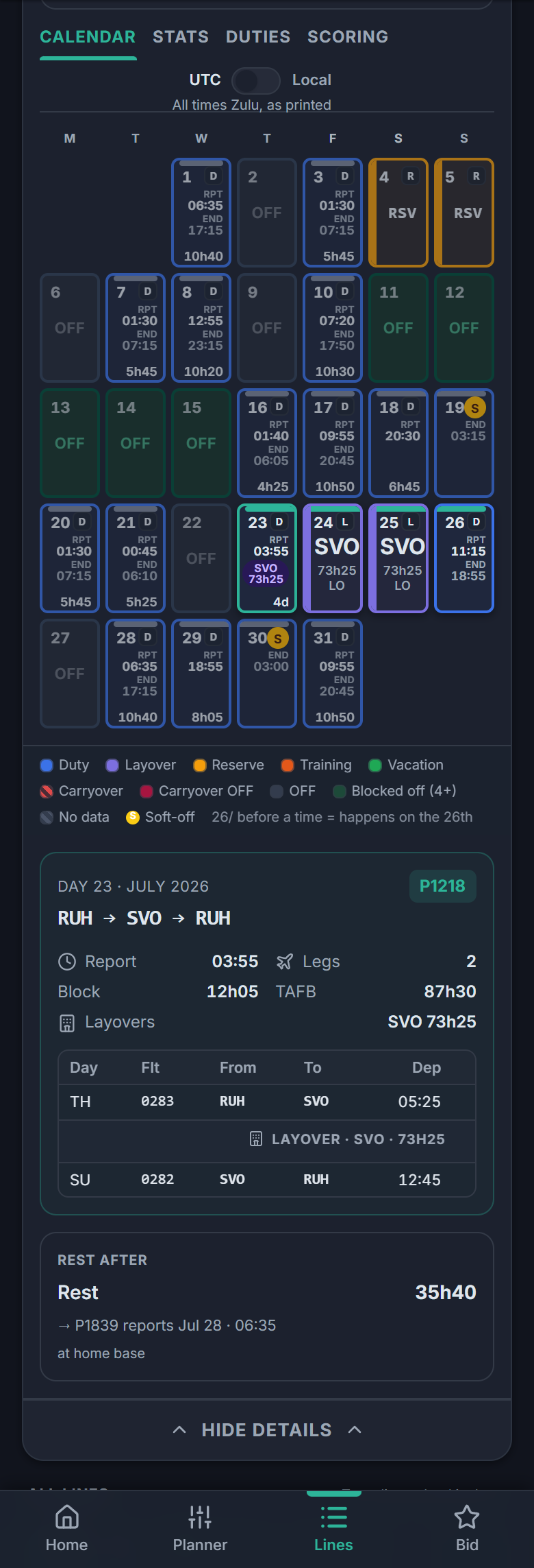 A line's month calendar with duty, layover, reserve and OFF days color-coded, and a selected day showing its flights, layover and rest