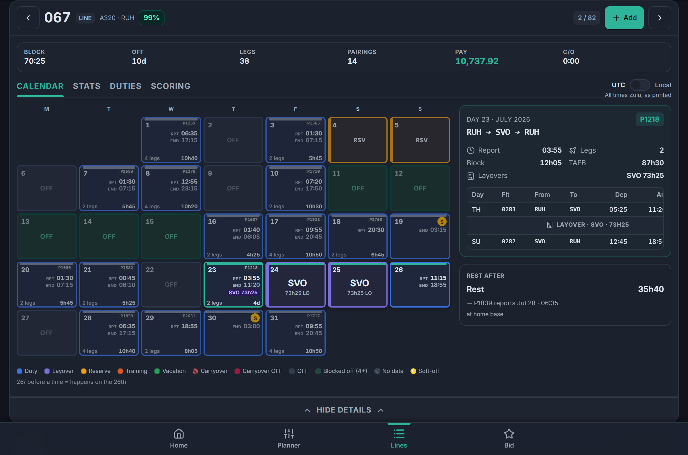 iPad layout: the full month calendar beside a selected pairing's flights, layover and rest details