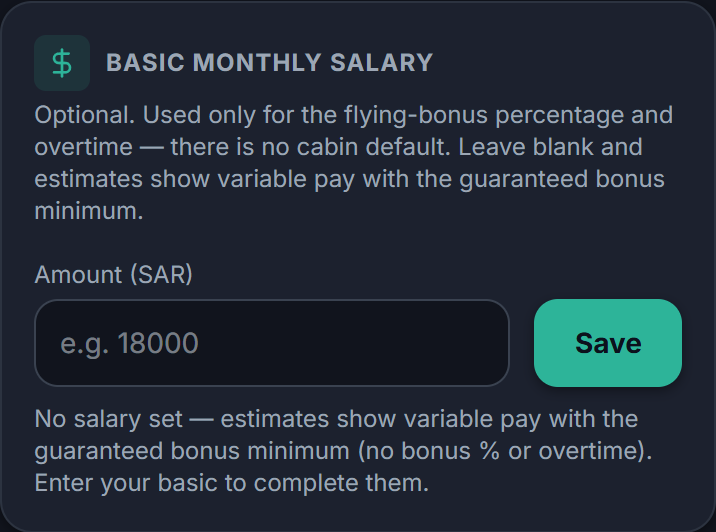 Cabin Settings basic-salary card in its blank state — optional, no default, enter it only if you want bonus percentage included