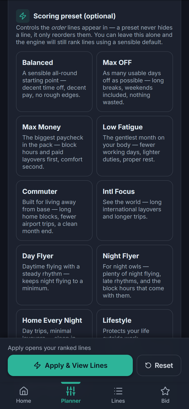 The full scoring preset menu: Balanced, Max OFF, Max Money, Low Fatigue, Commuter, Intl Focus, Day Flyer, Night Flyer, Home Every Night, Lifestyle