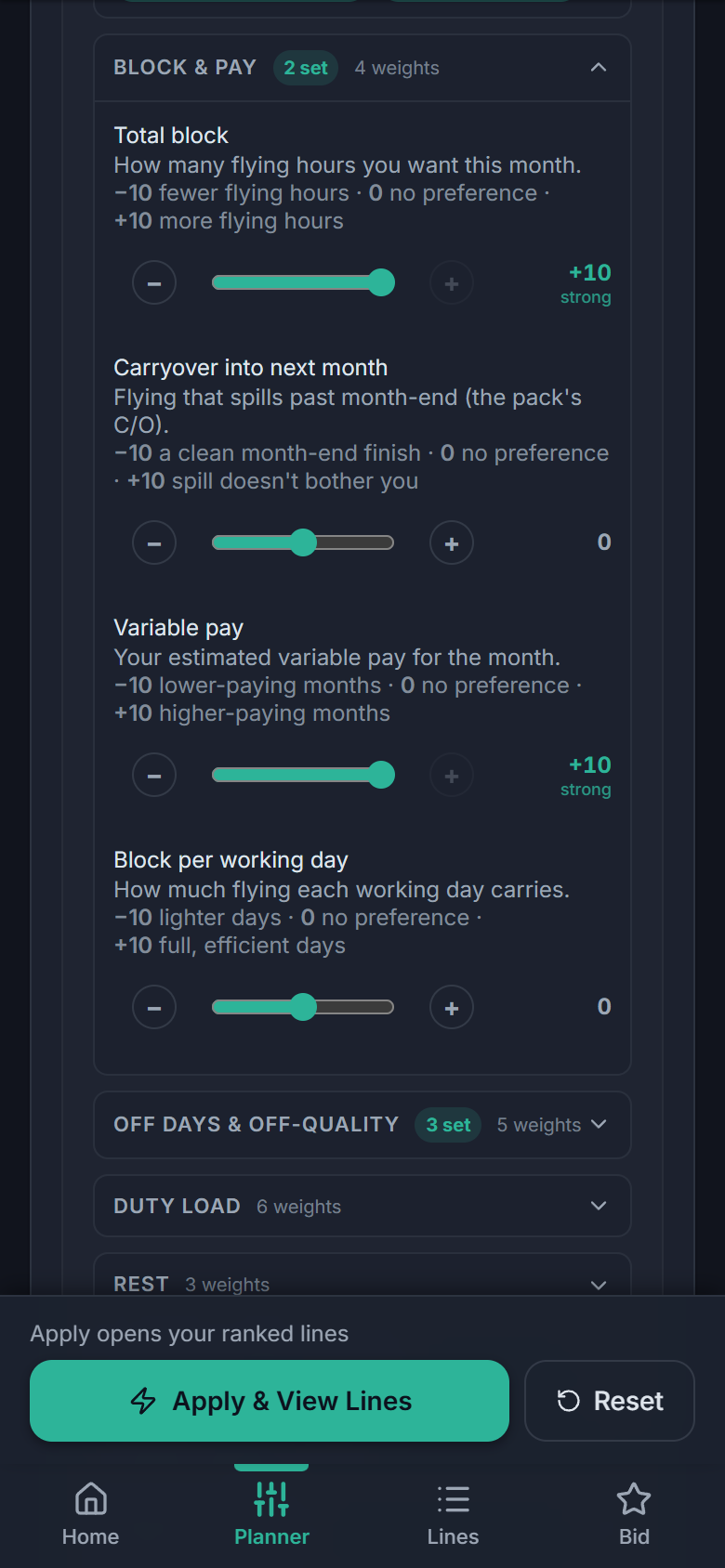 Manual scoring adjustment panel with sliders, here the Block & pay group