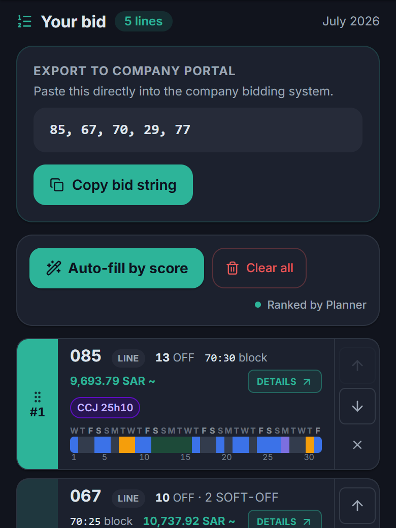 Bid screen with a short export string, the Copy bid string button and Auto-fill by score