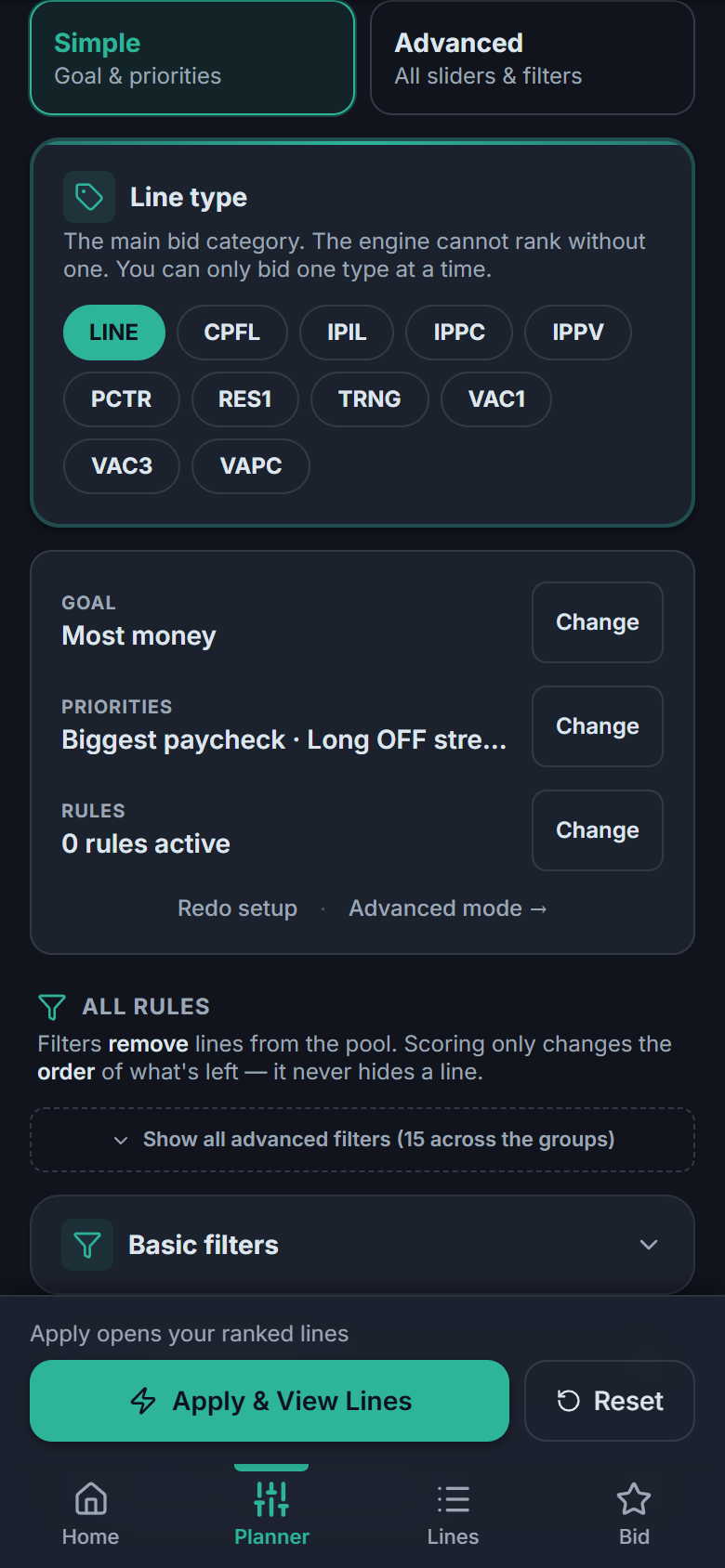 Planner in Simple mode: the Simple/Advanced toggle, line type, and the Goal/Priorities/Rules profile card